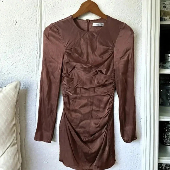 SHONA JOY Lily Long Sleeve Ruched Mini Dress Clove S / XS - Picture 5 of 12